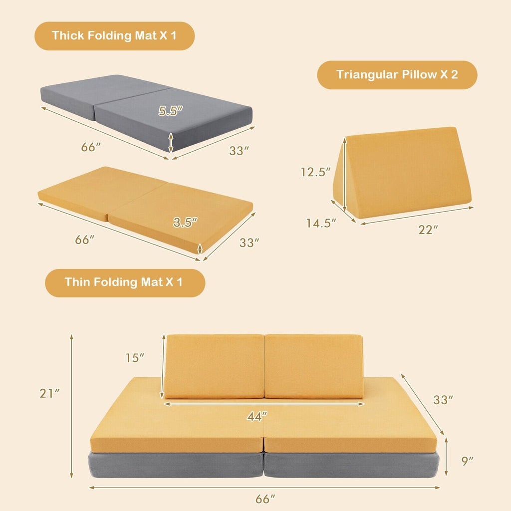 Ensemble de canapé convertible pour enfants 4 pièces avec 2 tapis pliables - Jaune