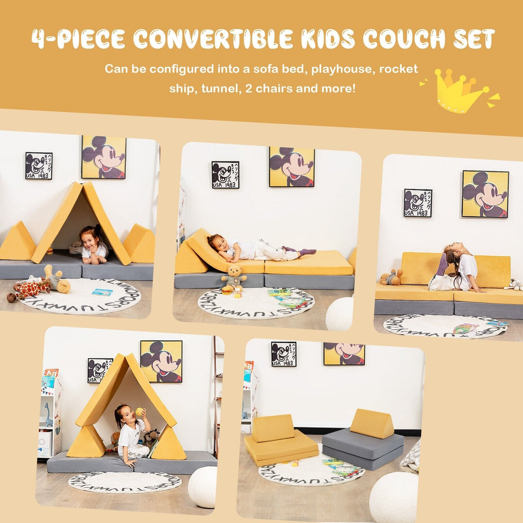 Ensemble de canapé convertible pour enfants 4 pièces avec 2 tapis pliables - Jaune