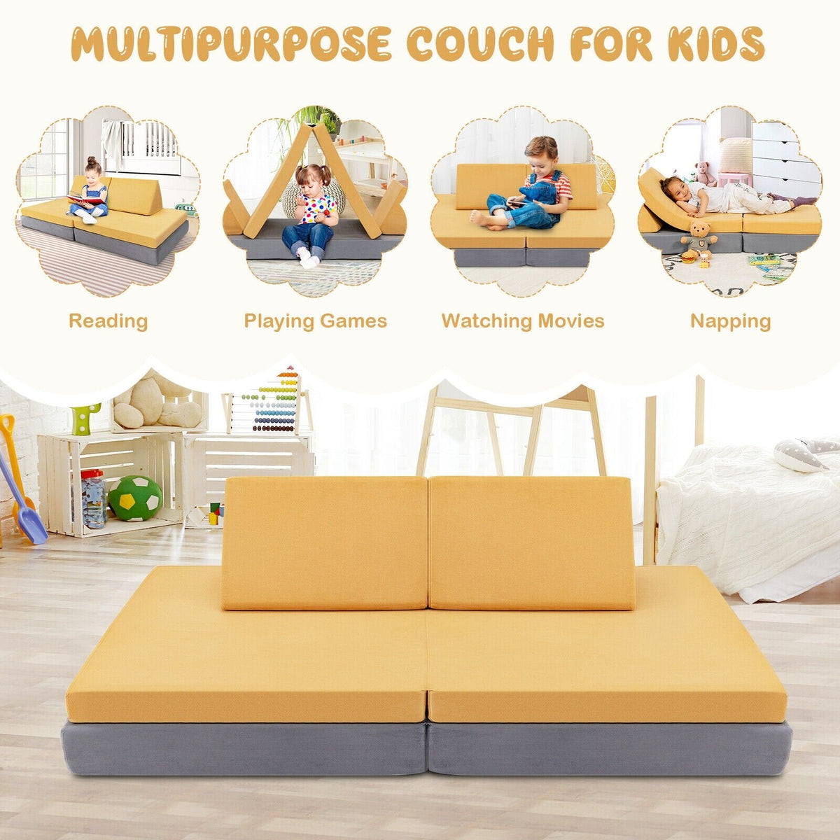 Ensemble de canapé convertible pour enfants 4 pièces avec 2 tapis pliables - Jaune