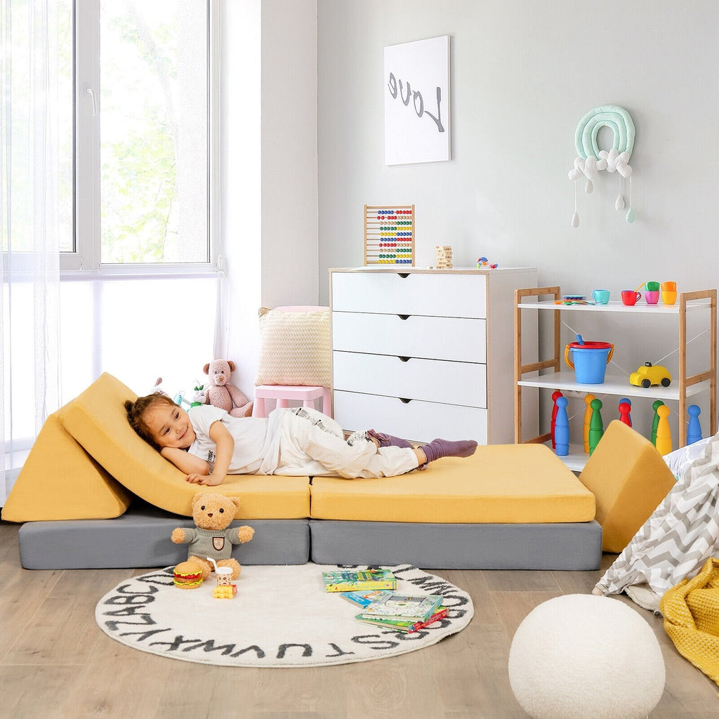 Ensemble de canapé convertible pour enfants 4 pièces avec 2 tapis pliables - Jaune