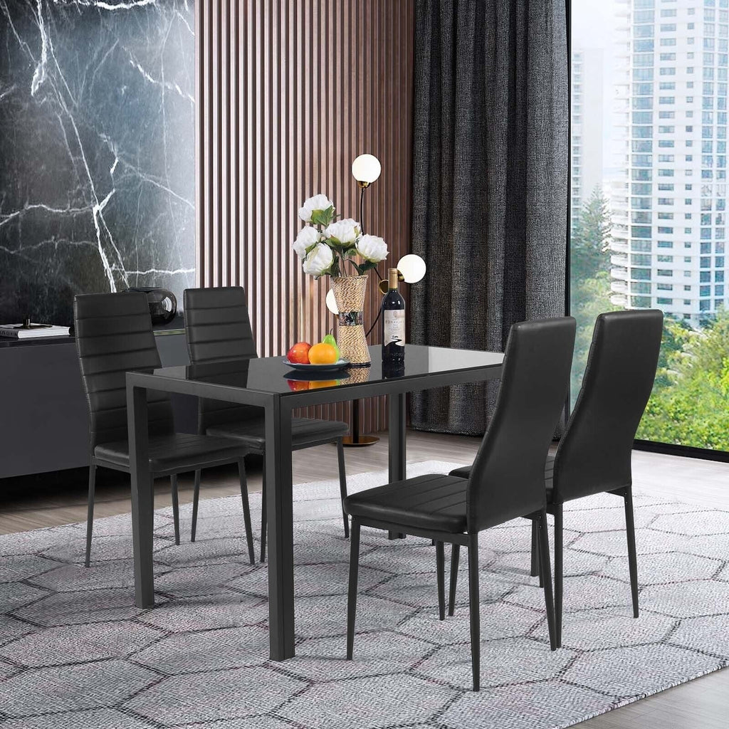Juego de 4 sillas de comedor de respaldo alto de piel sintética negra con patas de metal, altura del asiento de 18 pulgadas
