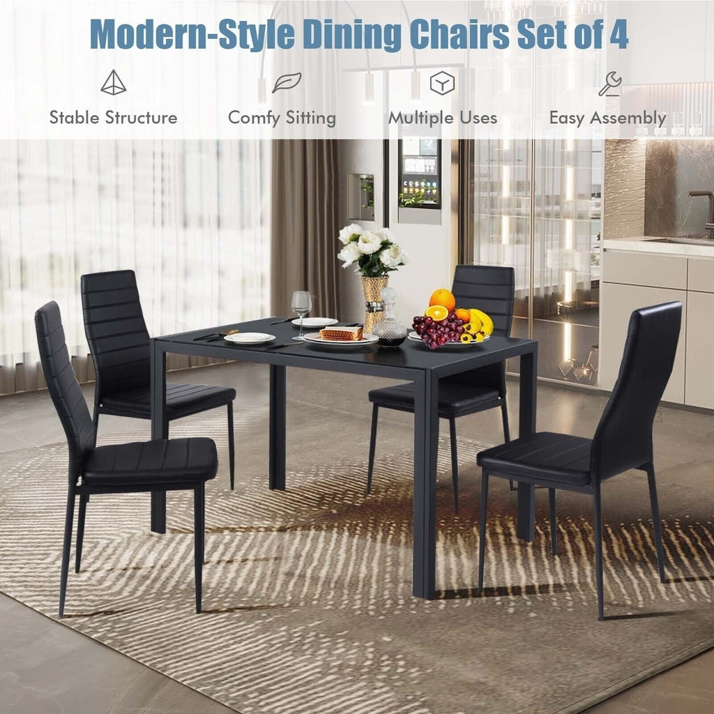 Juego de 4 sillas de comedor de respaldo alto de piel sintética negra con patas de metal, altura del asiento de 18 pulgadas
