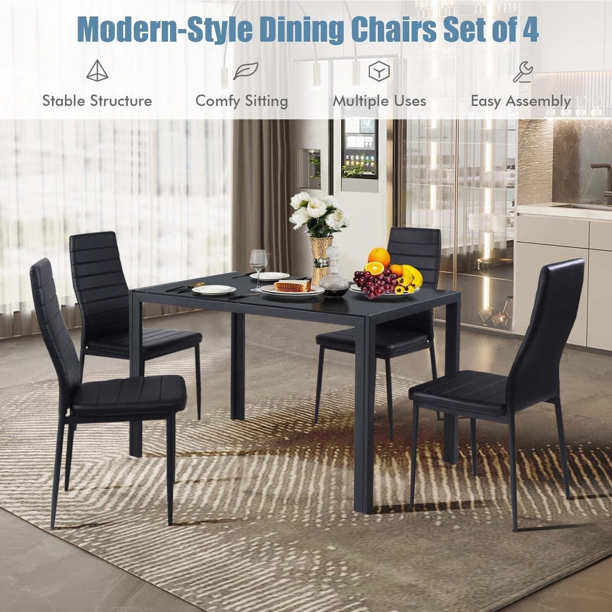 Juego de 4 sillas de comedor de respaldo alto de piel sintética negra con patas de metal, altura del asiento de 18 pulgadas