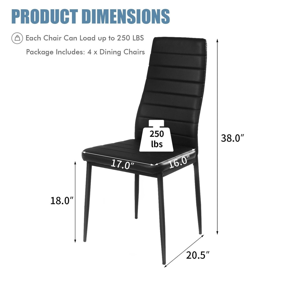 Juego de 4 sillas de comedor de respaldo alto de piel sintética negra con patas de metal, altura del asiento de 18 pulgadas