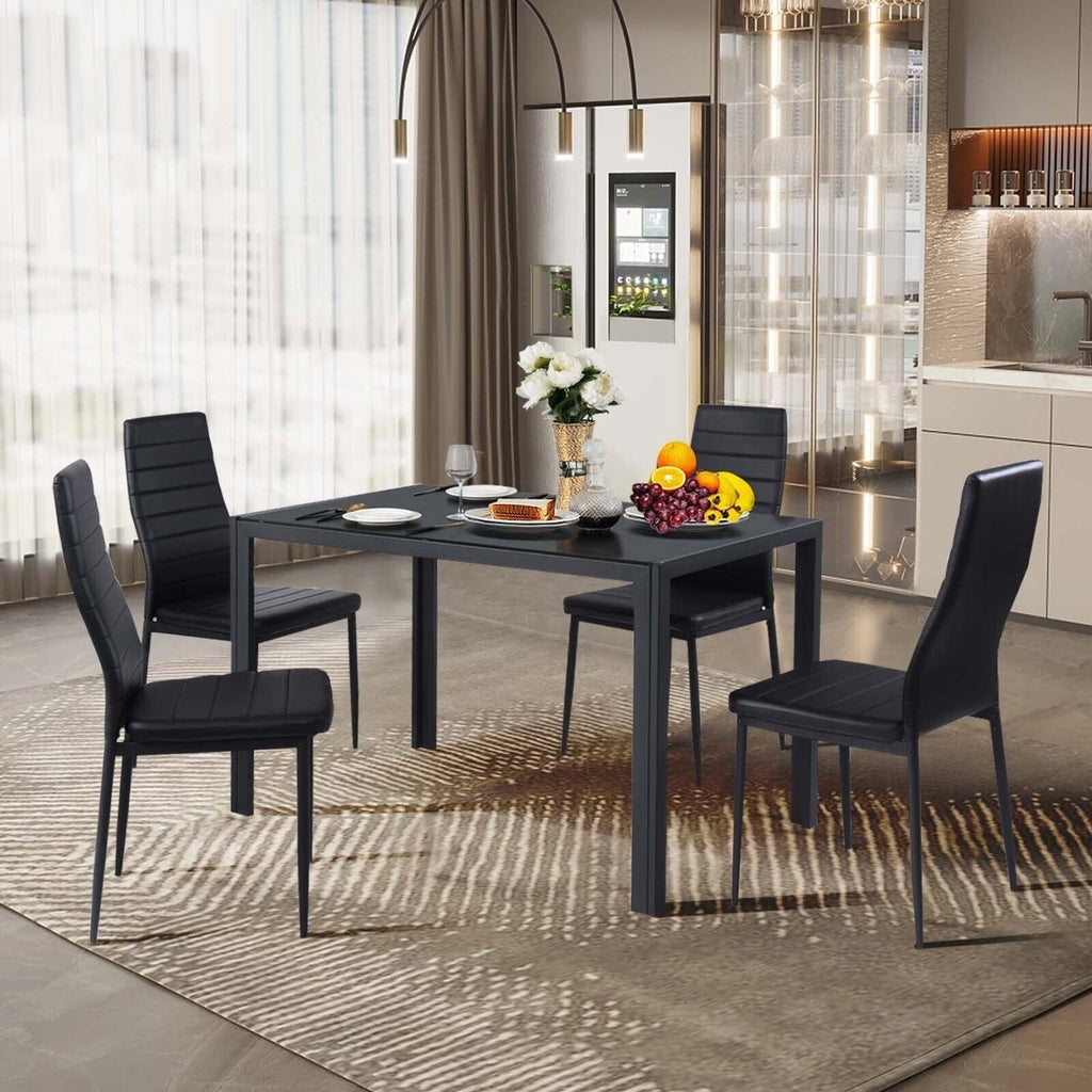 Juego de 4 sillas de comedor de respaldo alto de piel sintética negra con patas de metal, altura del asiento de 18 pulgadas
