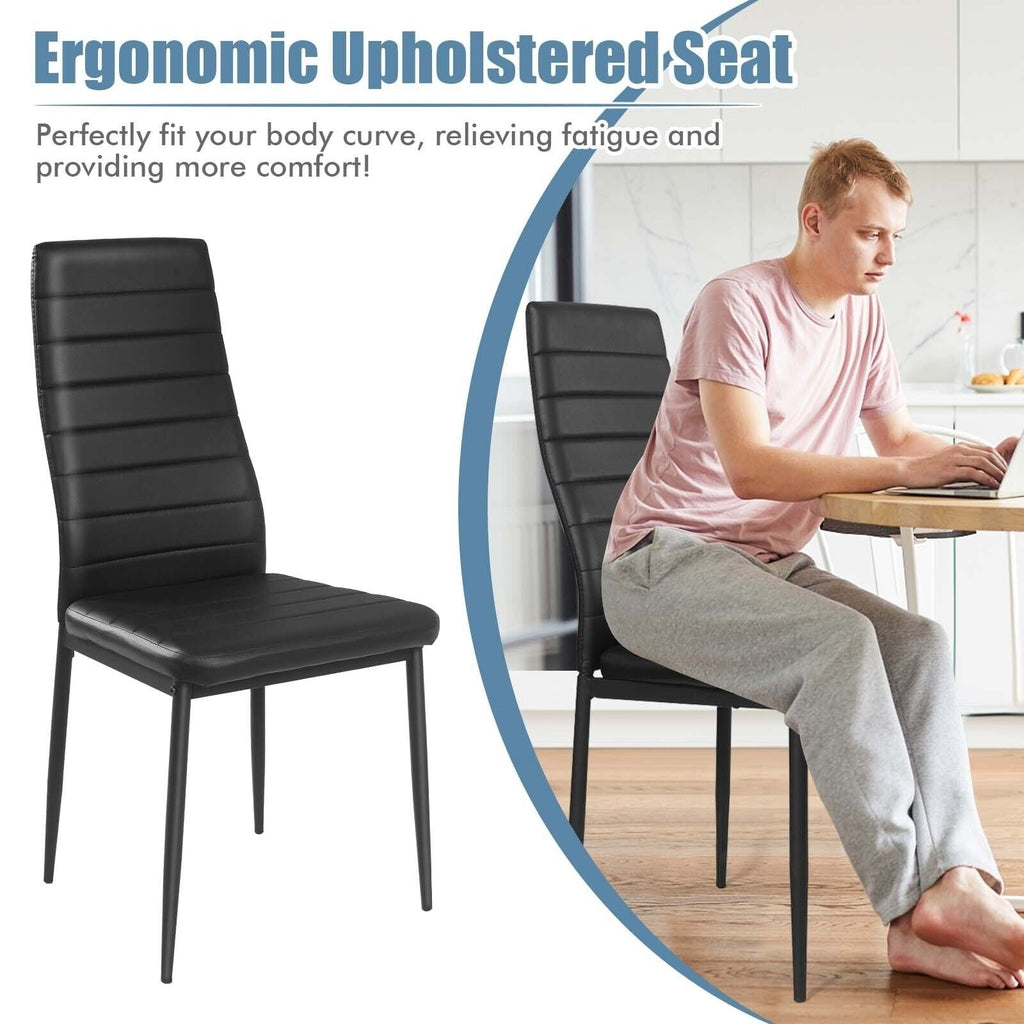 Juego de 4 sillas de comedor de respaldo alto de piel sintética negra con patas de metal, altura del asiento de 18 pulgadas