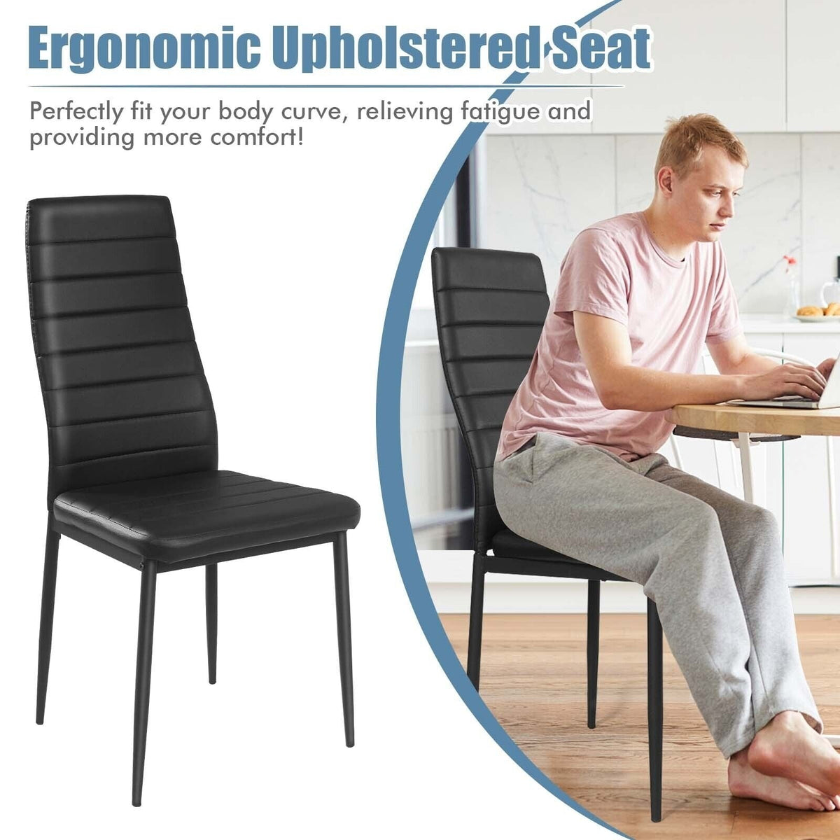 Juego de 4 sillas de comedor de respaldo alto de piel sintética negra con patas de metal, altura del asiento de 18 pulgadas