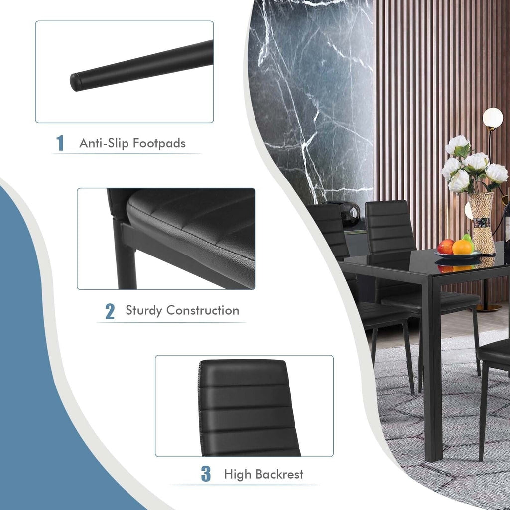 Juego de 4 sillas de comedor de respaldo alto de piel sintética negra con patas de metal, altura del asiento de 18 pulgadas