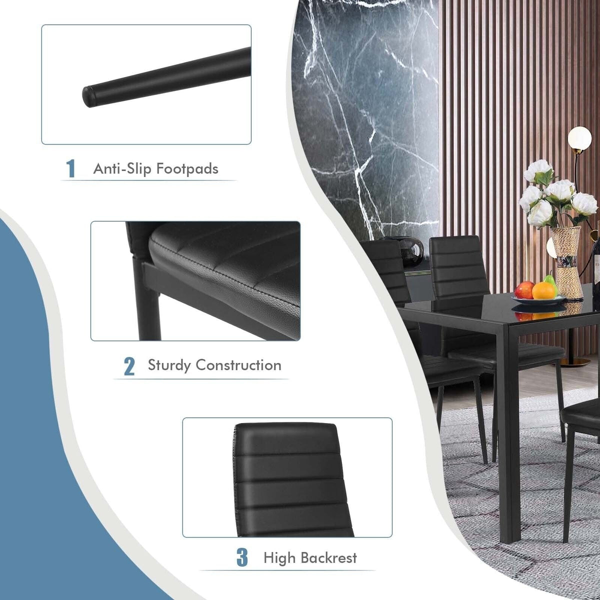 Juego de 4 sillas de comedor de respaldo alto de piel sintética negra con patas de metal, altura del asiento de 18 pulgadas