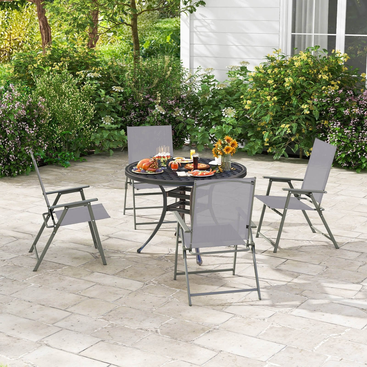 Juego de 4 sillas plegables de patio con estructura de metal inoxidable - Gris