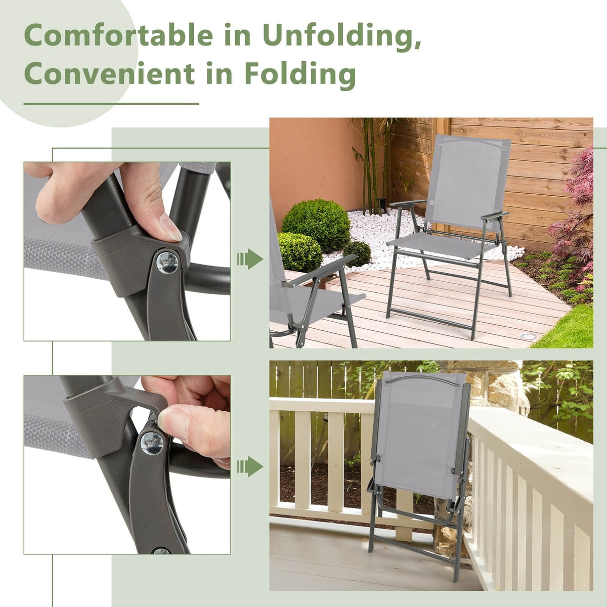Juego de 4 sillas plegables de patio con estructura de metal inoxidable - Gris