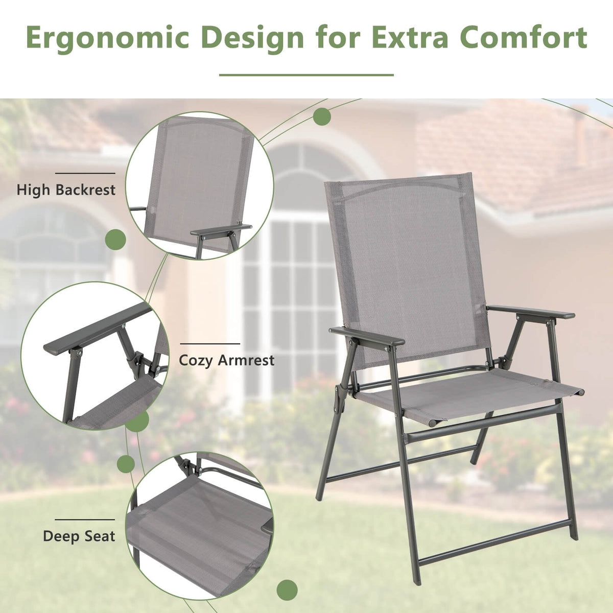 Juego de 4 sillas plegables de patio con estructura de metal inoxidable - Gris