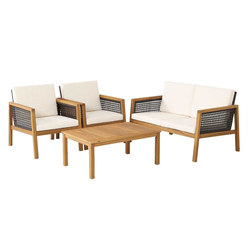 4 Piece Acacia Wood and Rattan Patio Conversation Set with Removable Cushions, Off White