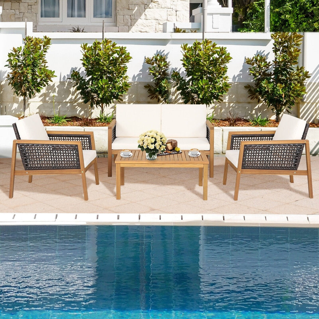 4 Piece Acacia Wood and Rattan Patio Conversation Set with Removable Cushions, Off White