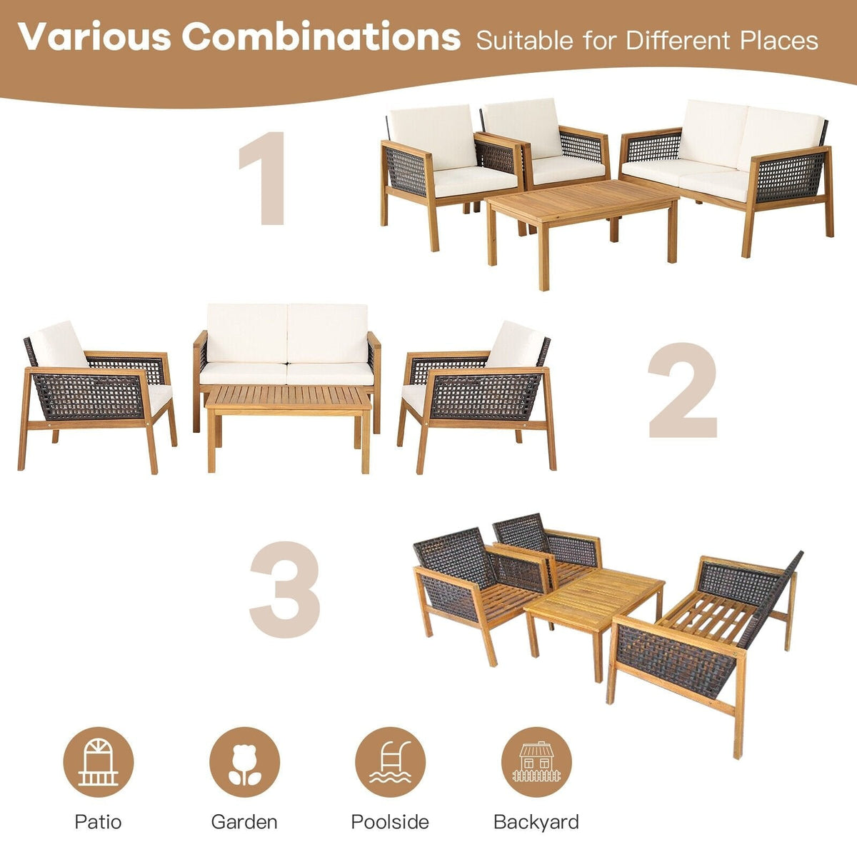 4 Piece Acacia Wood and Rattan Patio Conversation Set with Removable Cushions, Off White