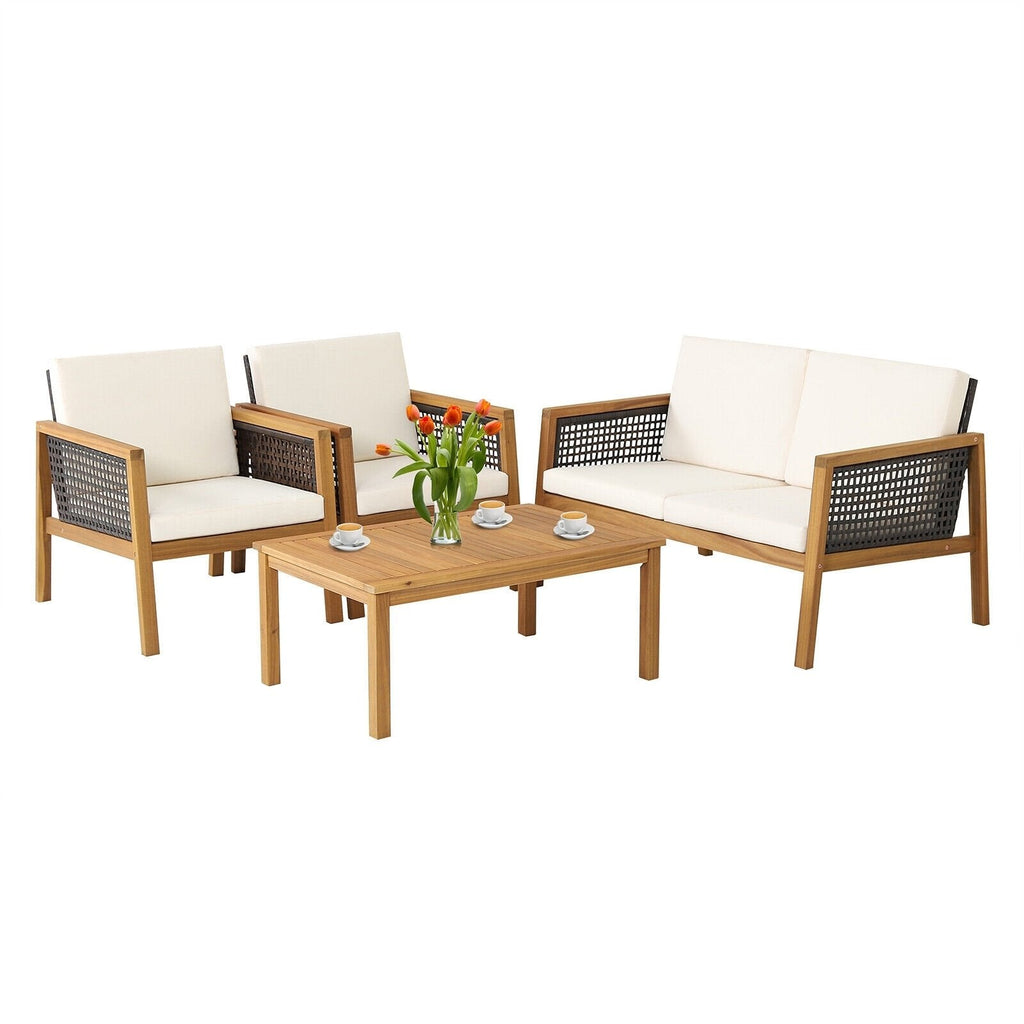 4 Piece Acacia Wood and Rattan Patio Conversation Set with Removable Cushions, Off White