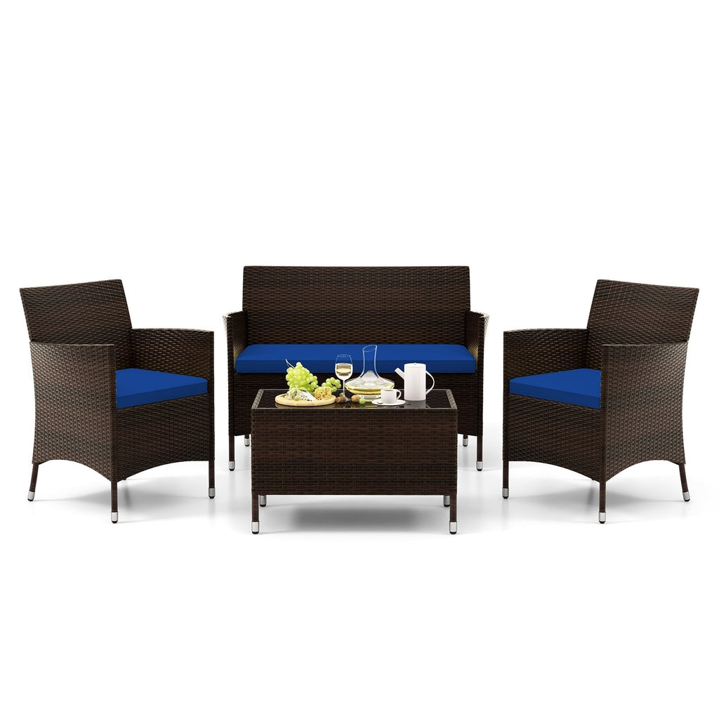 4-teiliges Outdoor-Rattansofa-Set, 41 Zoll Zweisitzer, 2 Einzelsessel und 27,5 Zoll Couchtisch aus gehärtetem Glas, marineblaue Polster