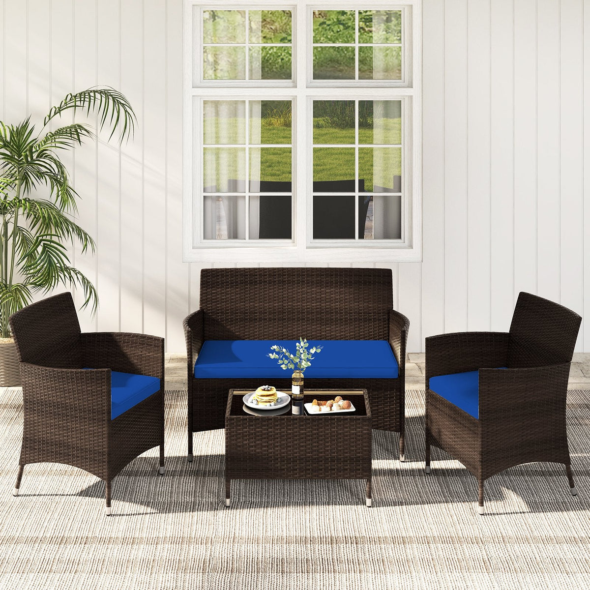 4-teiliges Outdoor-Rattansofa-Set, 41 Zoll Zweisitzer, 2 Einzelsessel und 27,5 Zoll Couchtisch aus gehärtetem Glas, marineblaue Polster