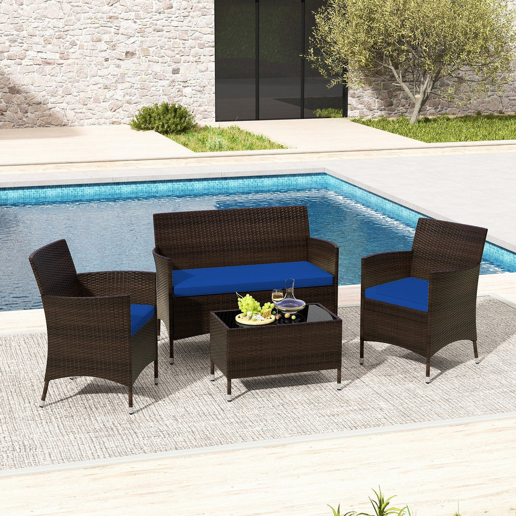 4-teiliges Outdoor-Rattansofa-Set, 41 Zoll Zweisitzer, 2 Einzelsessel und 27,5 Zoll Couchtisch aus gehärtetem Glas, marineblaue Polster