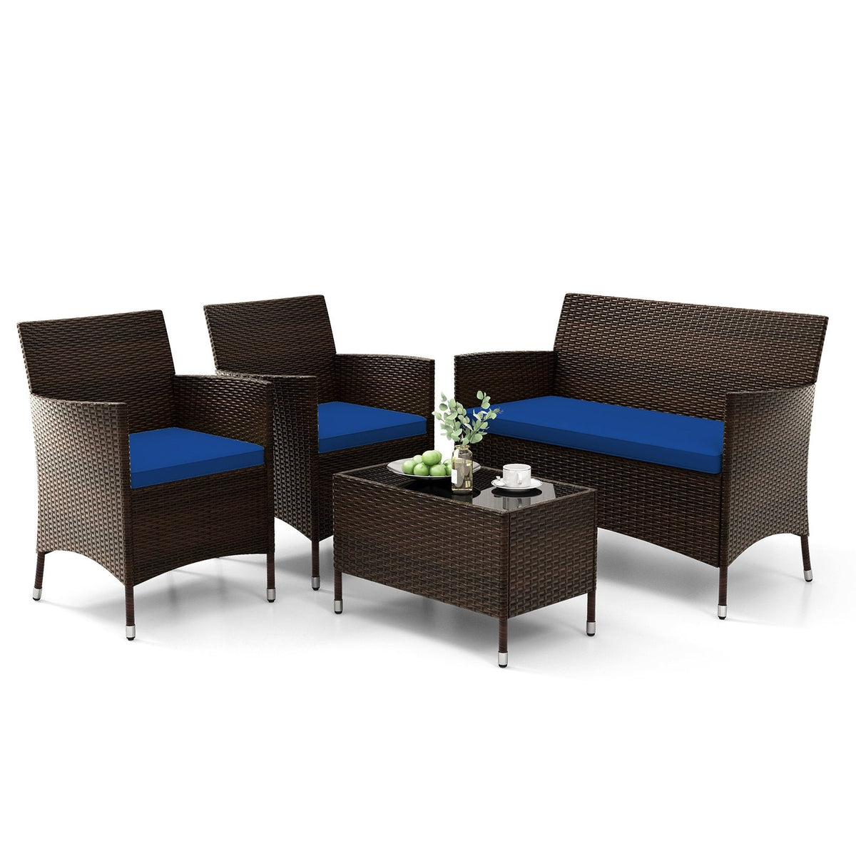 4-teiliges Outdoor-Rattansofa-Set, 41 Zoll Zweisitzer, 2 Einzelsessel und 27,5 Zoll Couchtisch aus gehärtetem Glas, marineblaue Polster