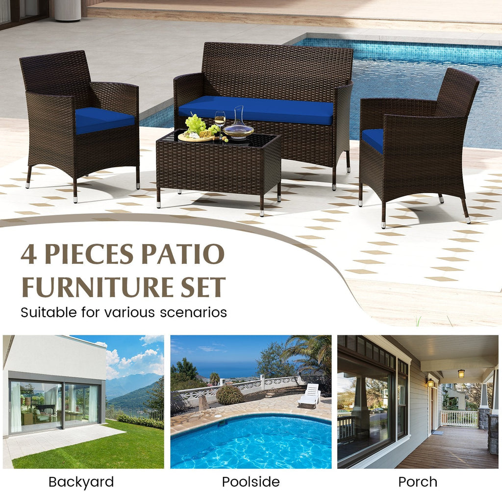 4-teiliges Outdoor-Rattansofa-Set, 41 Zoll Zweisitzer, 2 Einzelsessel und 27,5 Zoll Couchtisch aus gehärtetem Glas, marineblaue Polster