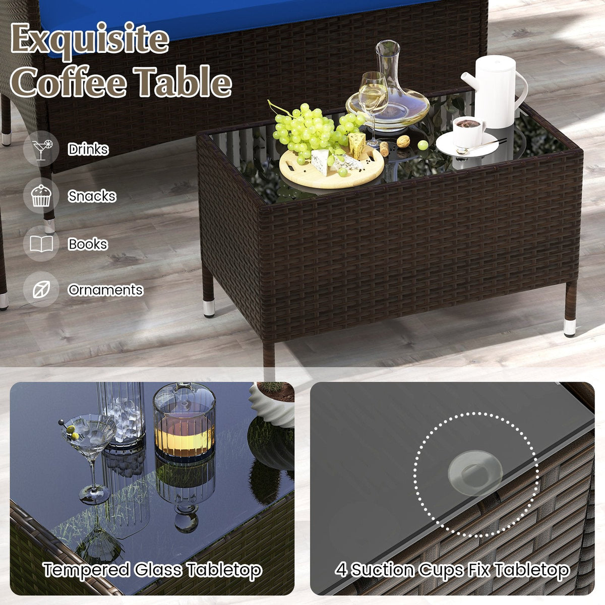 4-teiliges Outdoor-Rattansofa-Set, 41 Zoll Zweisitzer, 2 Einzelsessel und 27,5 Zoll Couchtisch aus gehärtetem Glas, marineblaue Polster