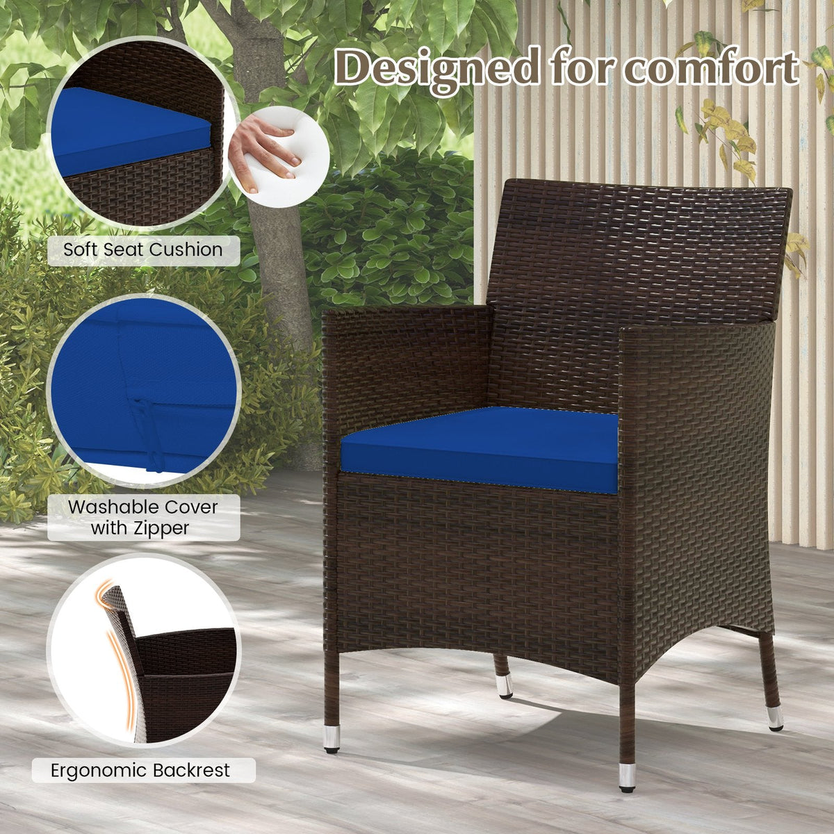 4-teiliges Outdoor-Rattansofa-Set, 41 Zoll Zweisitzer, 2 Einzelsessel und 27,5 Zoll Couchtisch aus gehärtetem Glas, marineblaue Polster