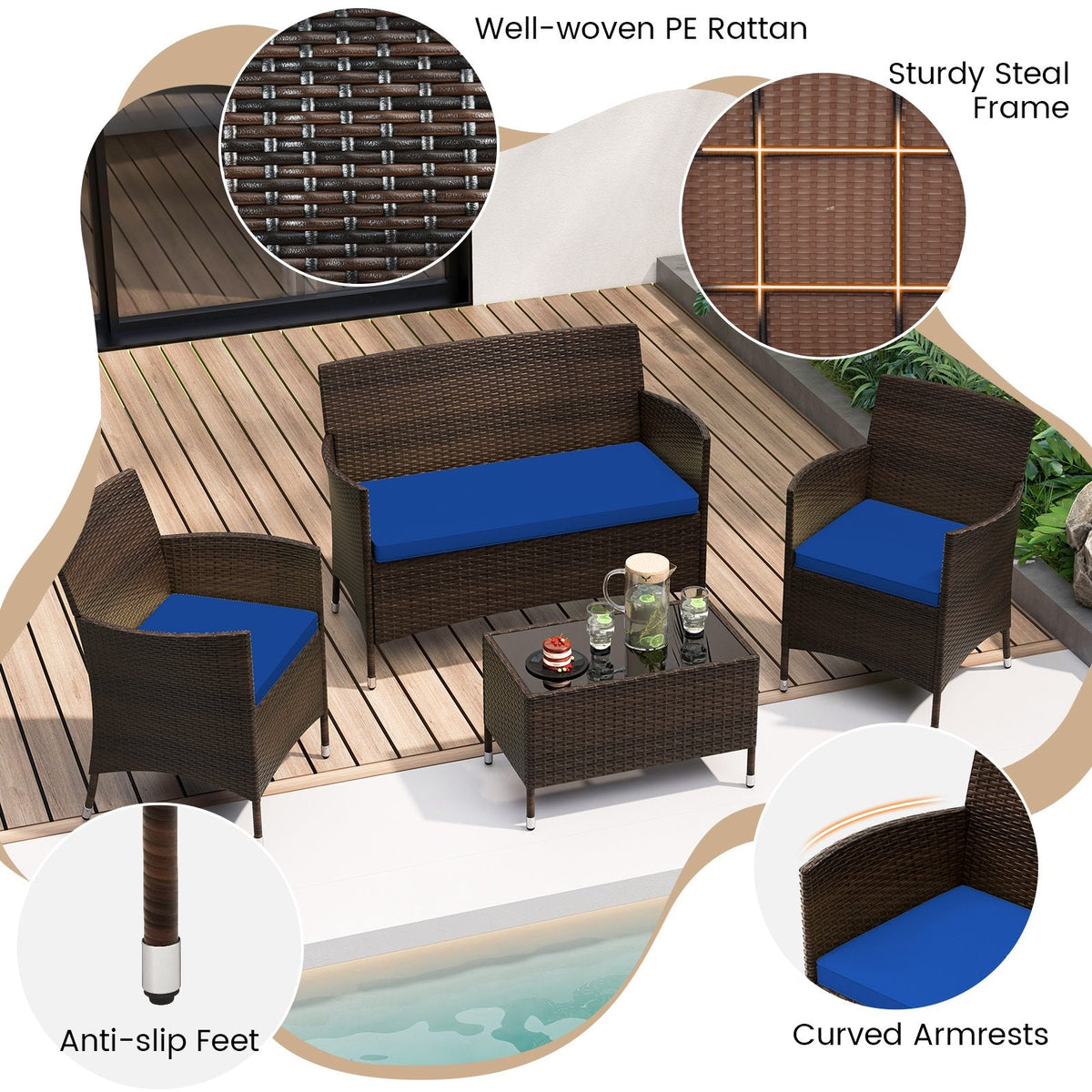 4-teiliges Outdoor-Rattansofa-Set, 41 Zoll Zweisitzer, 2 Einzelsessel und 27,5 Zoll Couchtisch aus gehärtetem Glas, marineblaue Polster