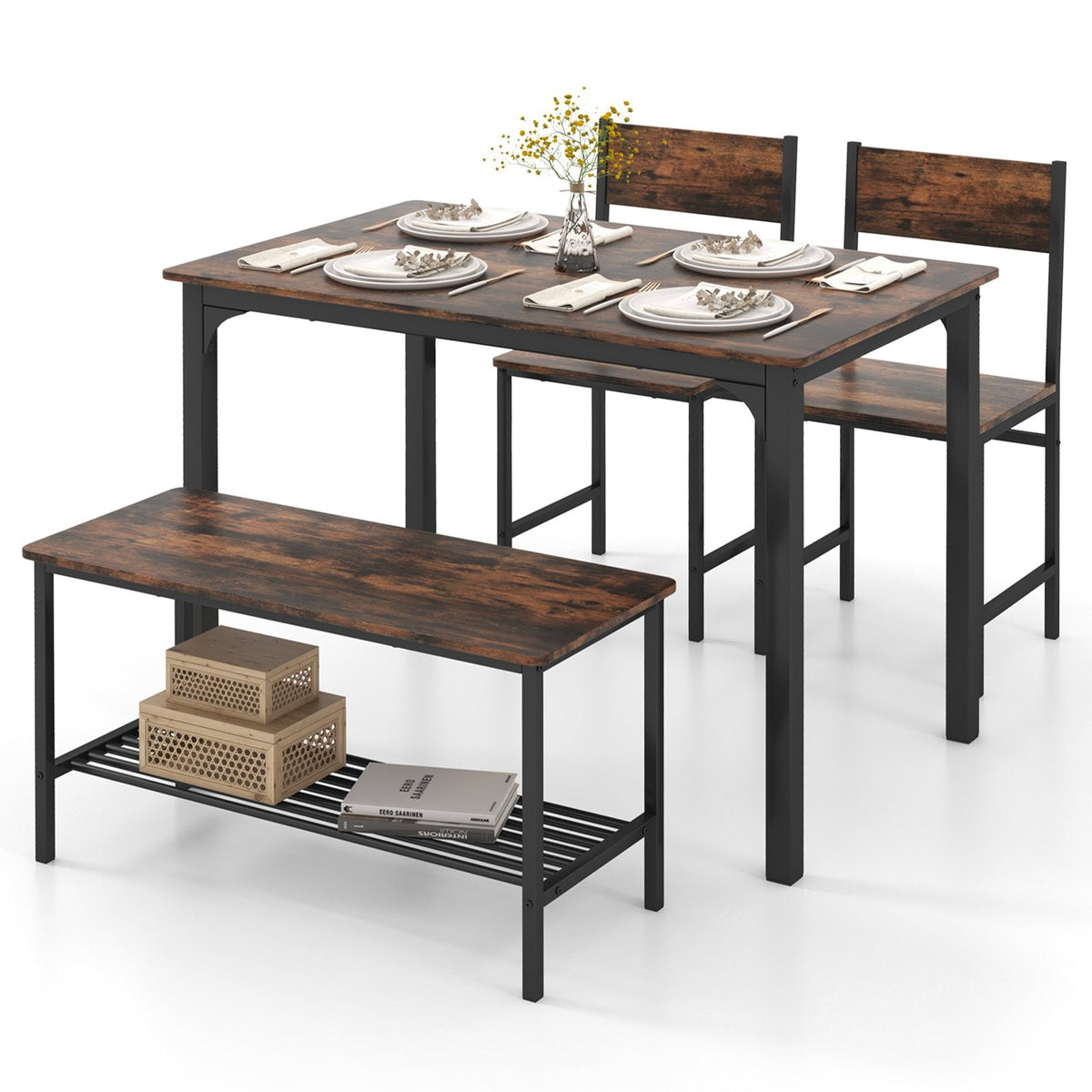 Juego de mesa de comedor rústico de 4 piezas con 2 sillas y banco - Marrón rústico