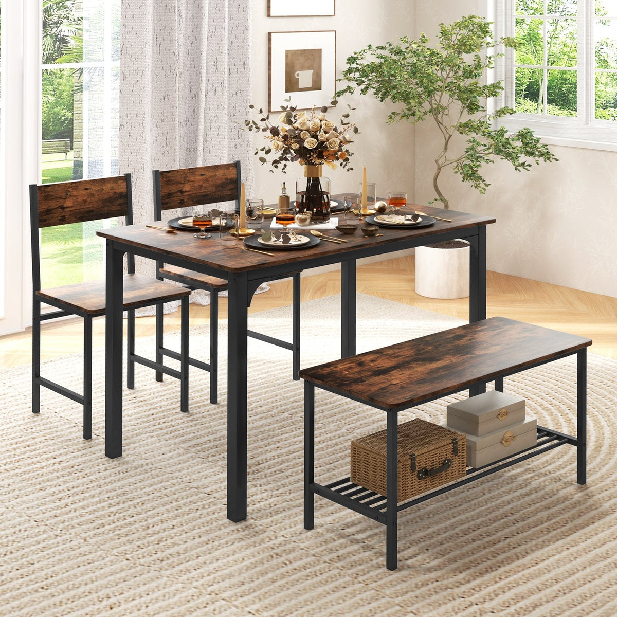 Juego de mesa de comedor rústico de 4 piezas con 2 sillas y banco - Marrón rústico