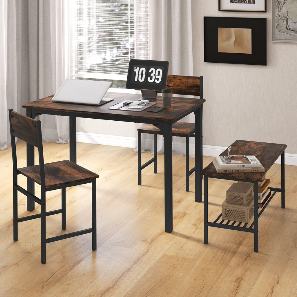 Juego de mesa de comedor rústico de 4 piezas con 2 sillas y banco - Marrón rústico