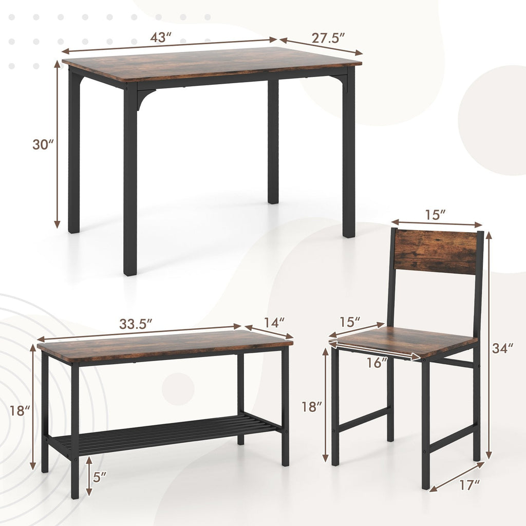 Juego de mesa de comedor rústico de 4 piezas con 2 sillas y banco - Marrón rústico