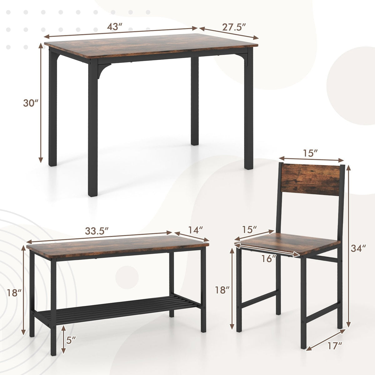 Juego de mesa de comedor rústico de 4 piezas con 2 sillas y banco - Marrón rústico
