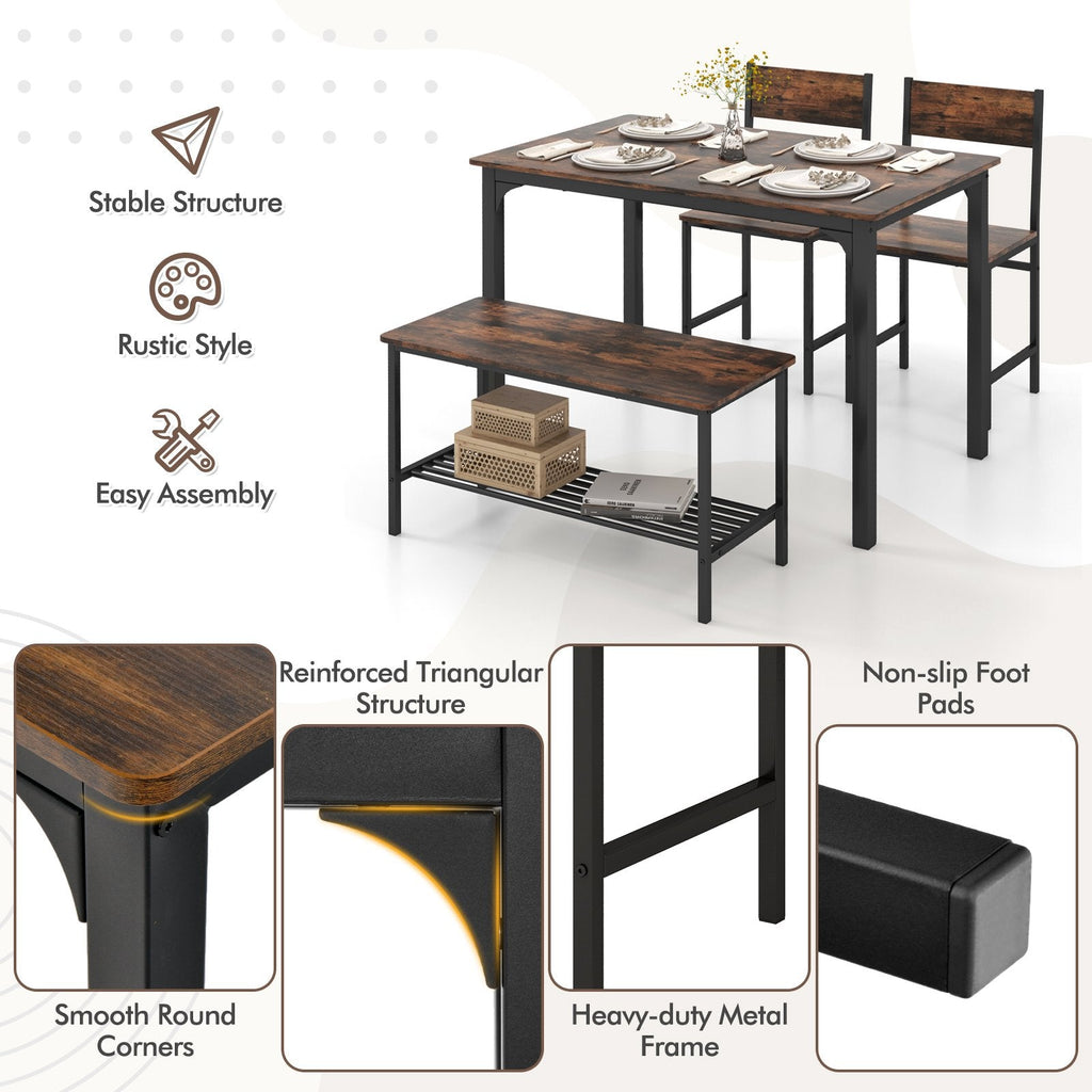Juego de mesa de comedor rústico de 4 piezas con 2 sillas y banco - Marrón rústico