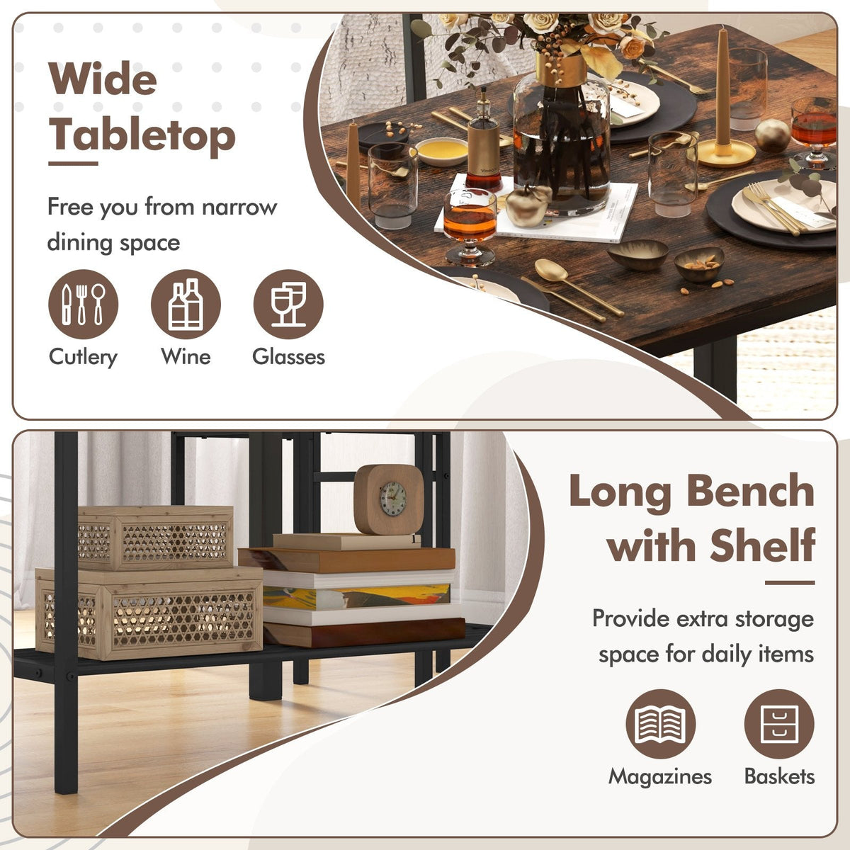 Juego de mesa de comedor rústico de 4 piezas con 2 sillas y banco - Marrón rústico