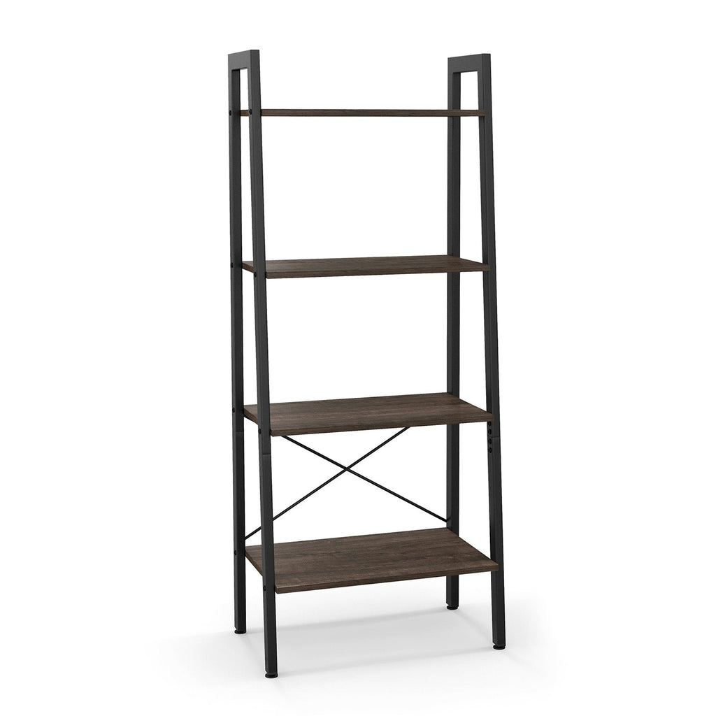 Bibliothèque échelle à 4 niveaux avec structure en métal et pieds réglables, Chêne gris