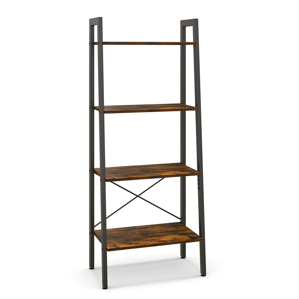 Estantería tipo escalera de 4 niveles con estructura metálica y patas ajustables, marrón rústico