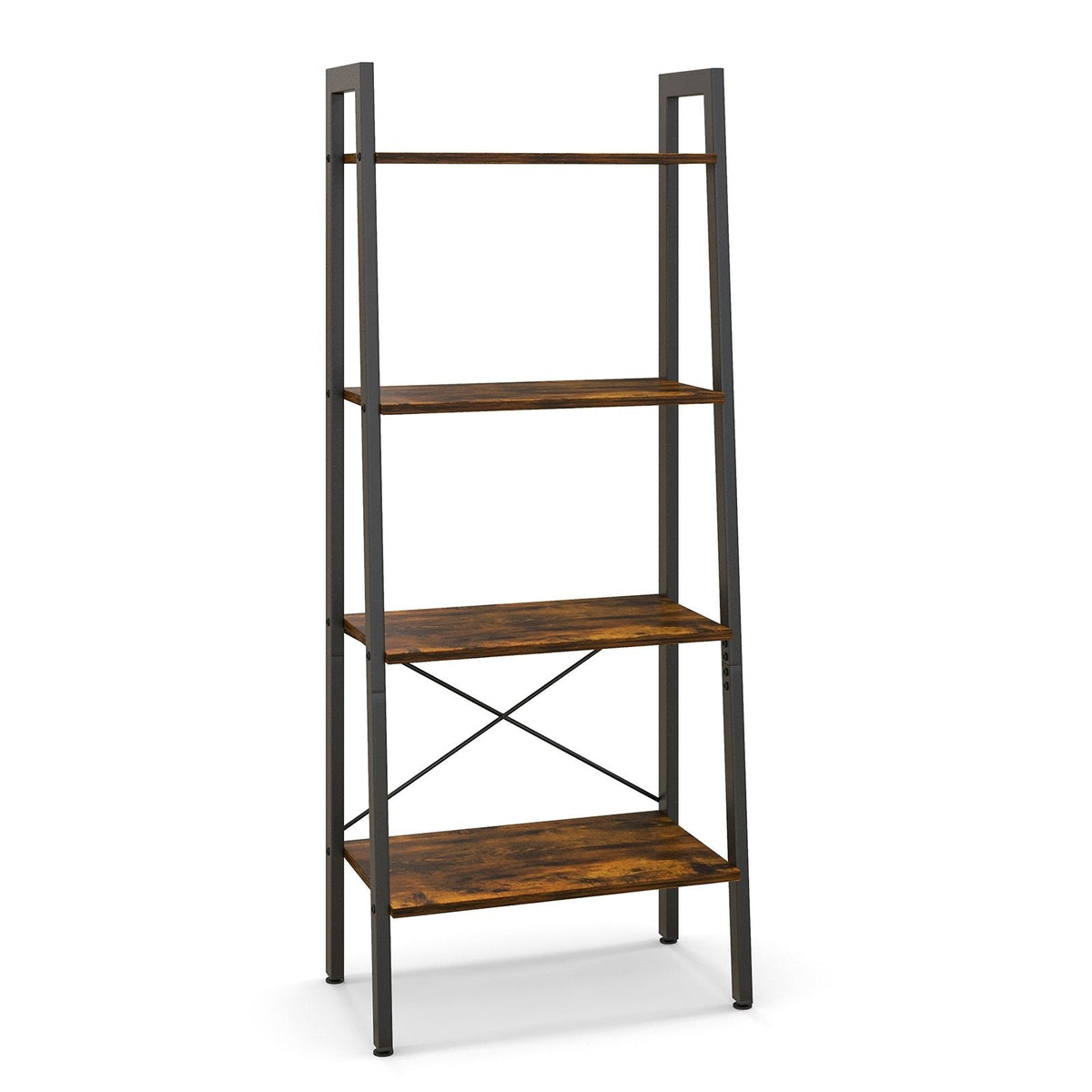 Estantería tipo escalera de 4 niveles con estructura metálica y patas ajustables, marrón rústico