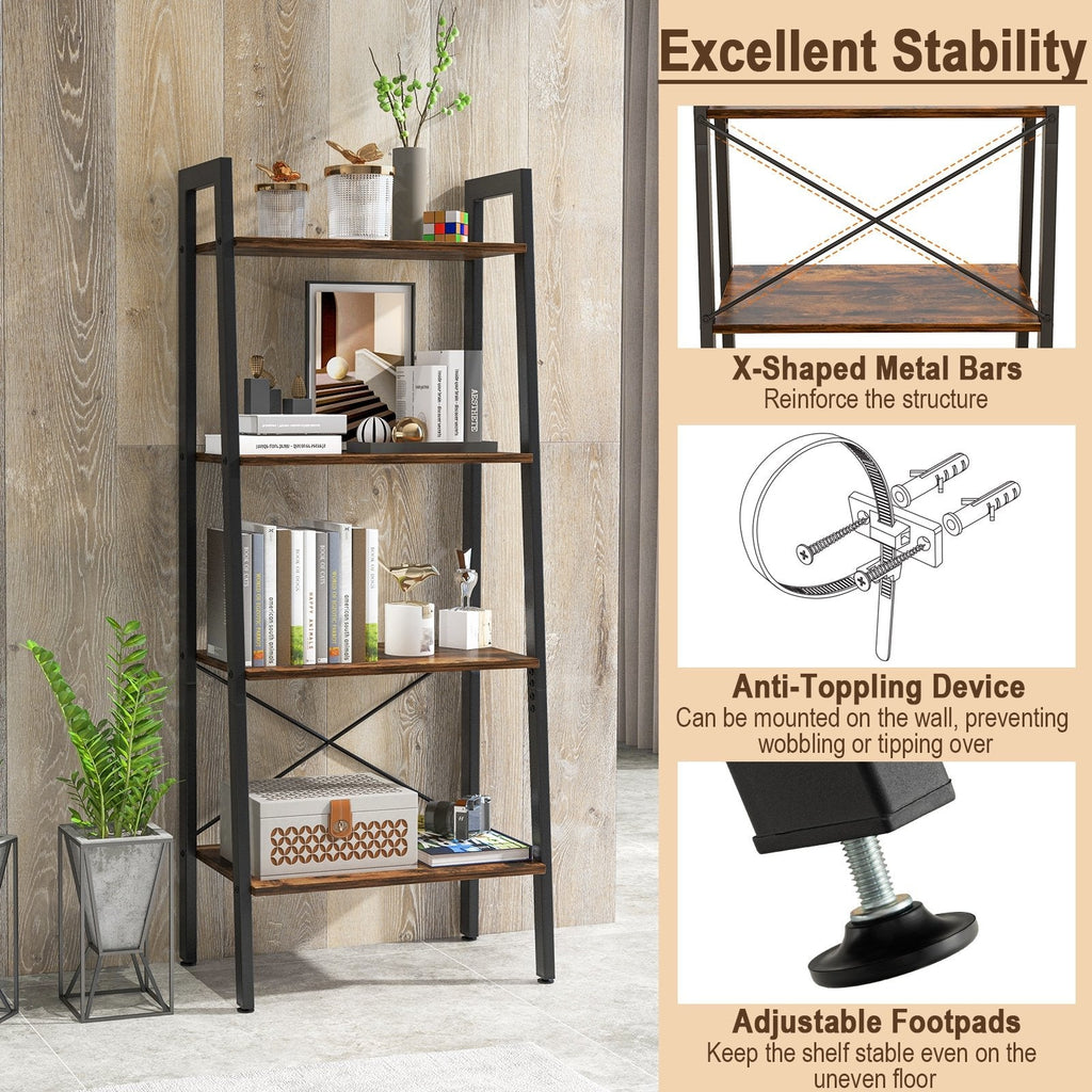 Estantería tipo escalera de 4 niveles con estructura metálica y patas ajustables, marrón rústico