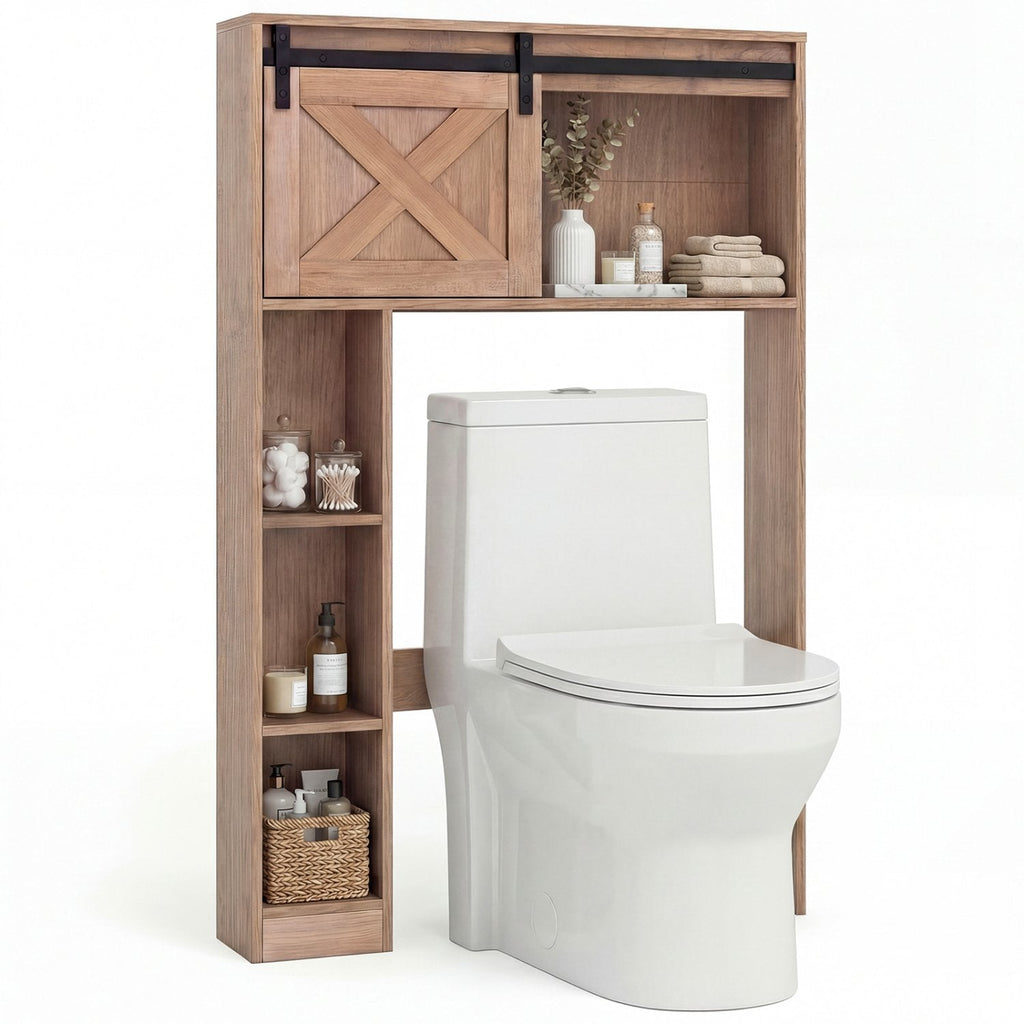 4-stufiger Aufbewahrungsschrank über der Toilette mit Schiebetür im Scheunenstil und Ablageflächen – Braun