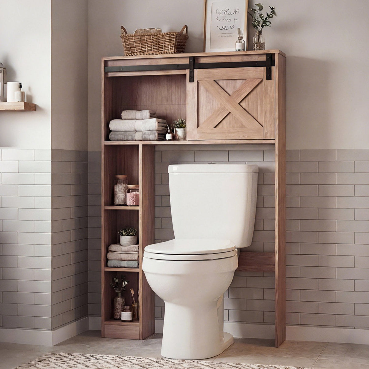 4-stufiger Aufbewahrungsschrank über der Toilette mit Schiebetür im Scheunenstil und Ablageflächen – Braun