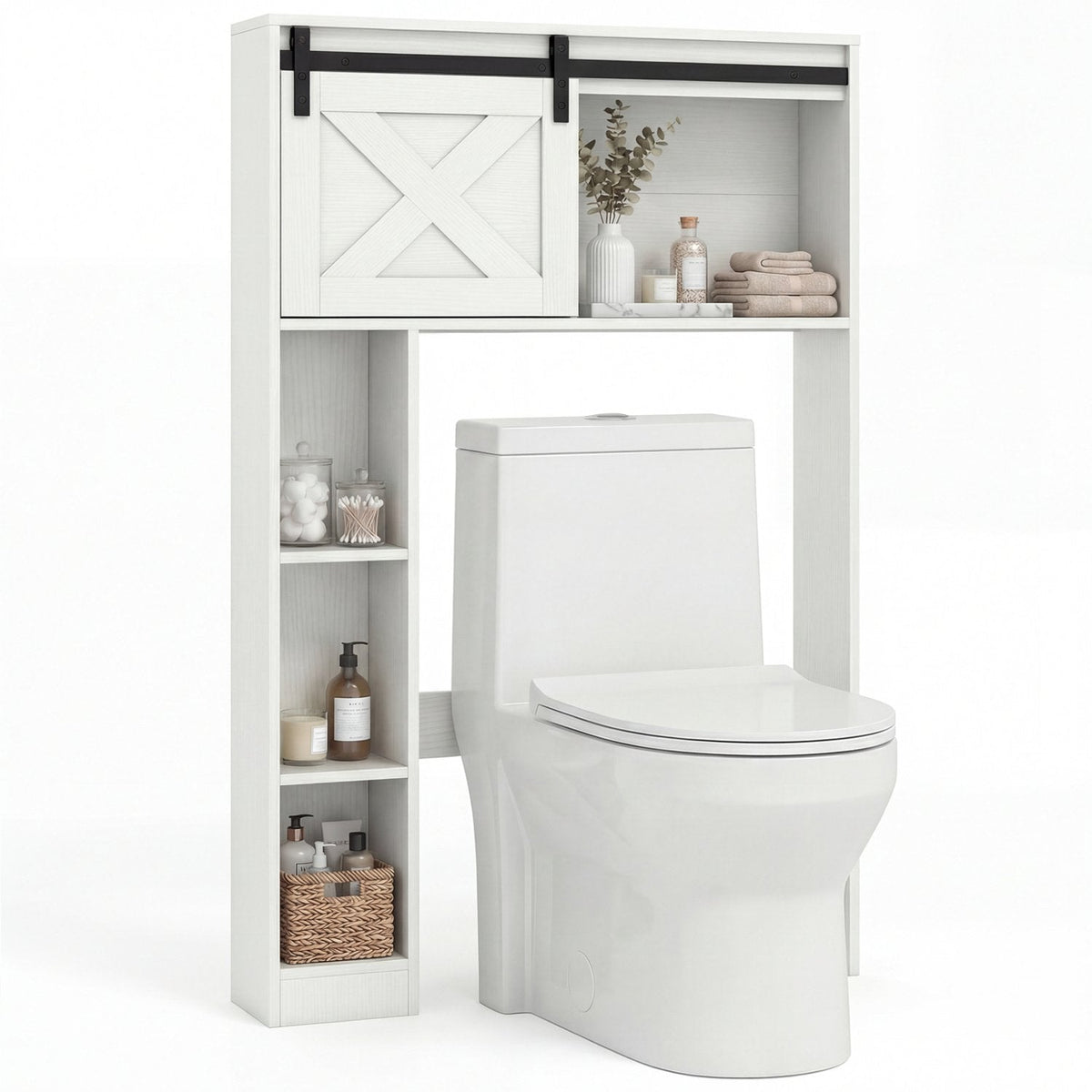 Mueble de almacenamiento de 4 niveles sobre el inodoro con puerta corredera tipo granero y estantes de almacenamiento-Blanco