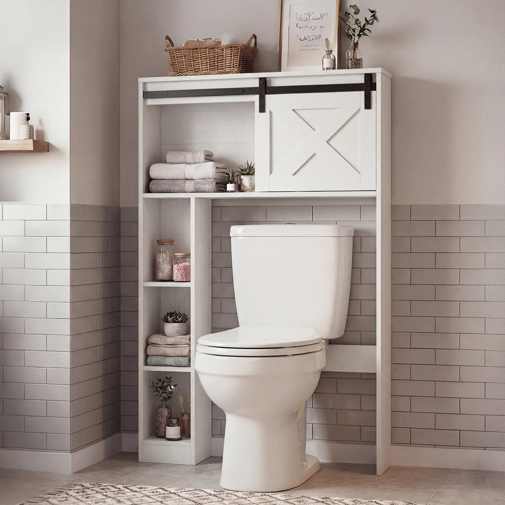 Mueble de almacenamiento de 4 niveles sobre el inodoro con puerta corredera tipo granero y estantes de almacenamiento-Blanco