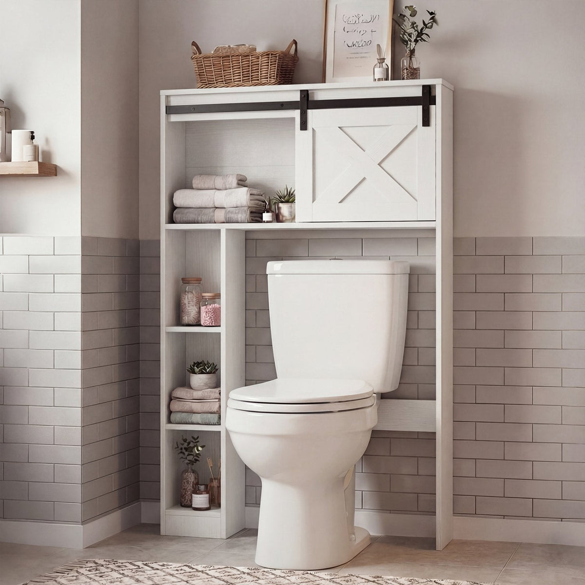 Mueble de almacenamiento de 4 niveles sobre el inodoro con puerta corredera tipo granero y estantes de almacenamiento-Blanco