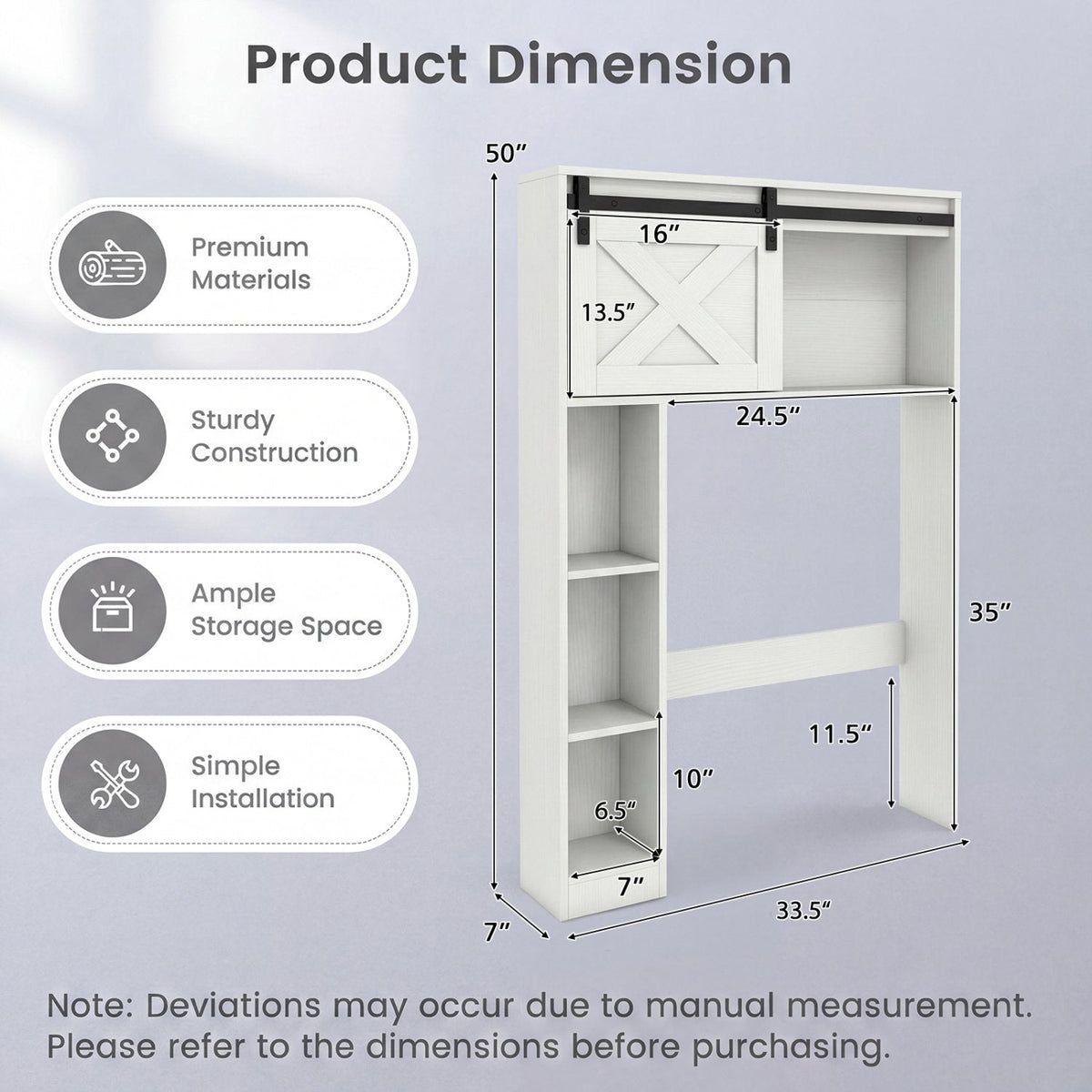 Mueble de almacenamiento de 4 niveles sobre el inodoro con puerta corredera tipo granero y estantes de almacenamiento-Blanco