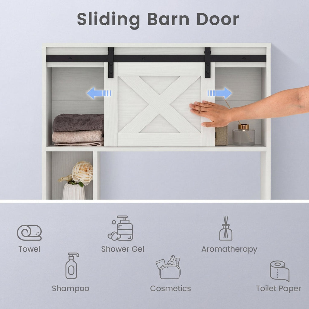Mueble de almacenamiento de 4 niveles sobre el inodoro con puerta corredera tipo granero y estantes de almacenamiento-Blanco