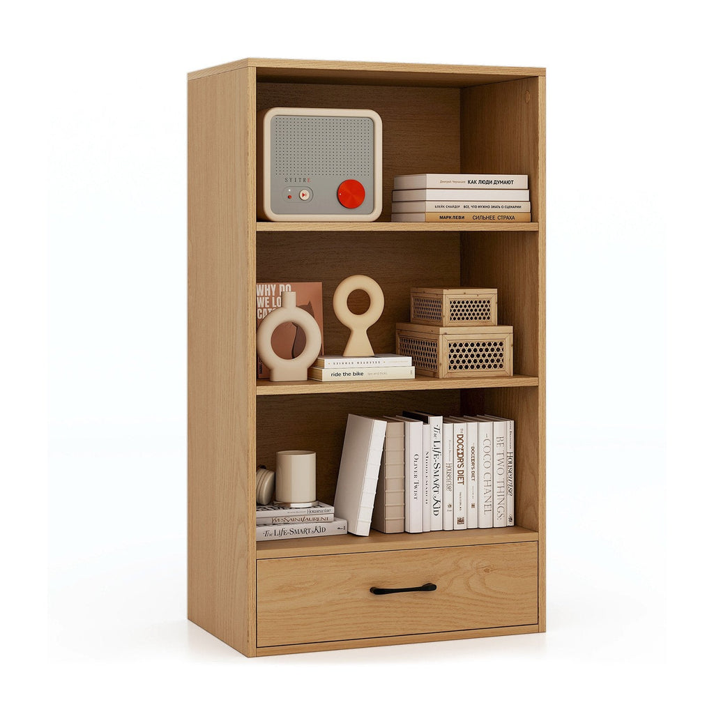 4-stufiges Bücherregal mit Schublade und Kippsicherung, 48 Zoll, Regal aus Naturholz