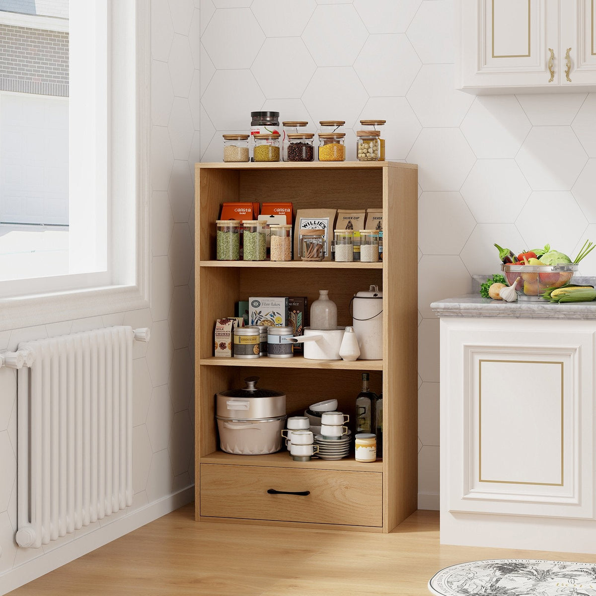 4-stufiges Bücherregal mit Schublade und Kippsicherung, 48 Zoll, Regal aus Naturholz