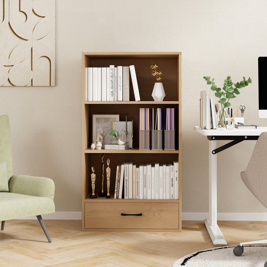4-stufiges Bücherregal mit Schublade und Kippsicherung, 48 Zoll, Regal aus Naturholz