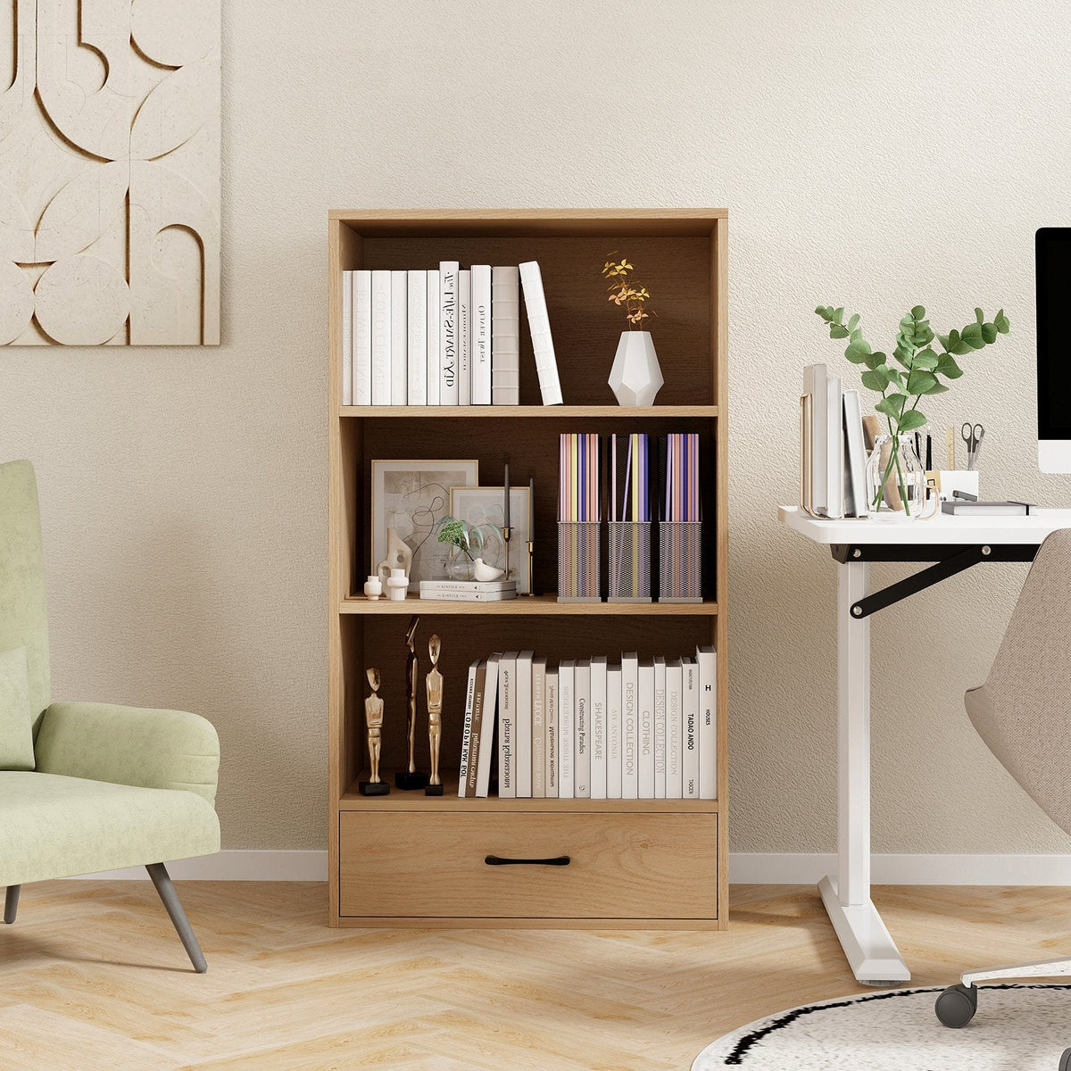 4-stufiges Bücherregal mit Schublade und Kippsicherung, 48 Zoll, Regal aus Naturholz